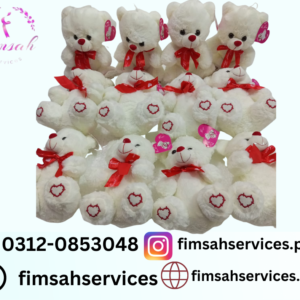 A white bear with a red bow, made from high-quality materials, perfect for gifting and available at Fimsah Services.