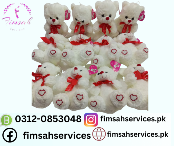 A white bear with a red bow, made from high-quality materials, perfect for gifting and available at Fimsah Services.