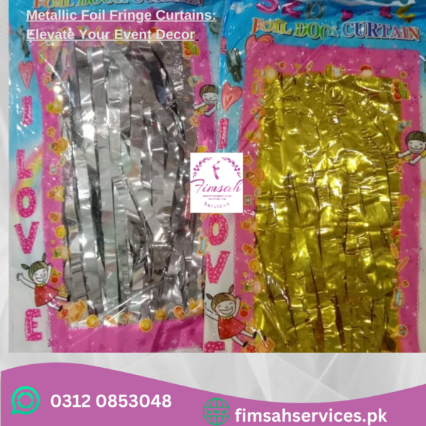 Vibrant metallic foil fringe curtains in various colors, perfect for party decorations and event backdrops.