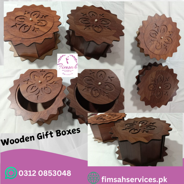 A collection of beautifully crafted wooden gift boxes, perfect for any occasion.