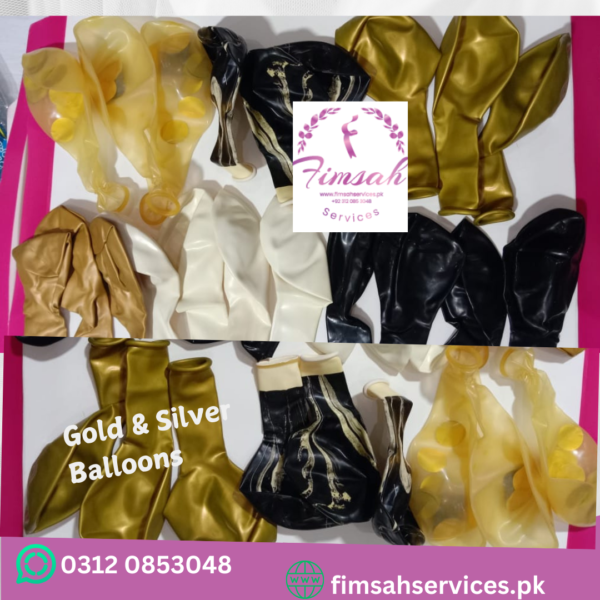 A cluster of golden and black chrome balloons, perfect for adding a touch of luxury to any party or event.