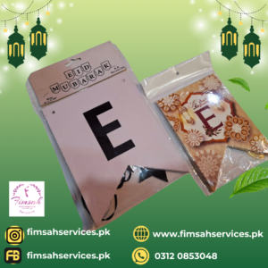 Packaged Eid Mubarak letter pennants with "EID" shown.