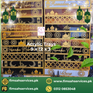 Several Ramadan-themed acrylic trays with different designs.